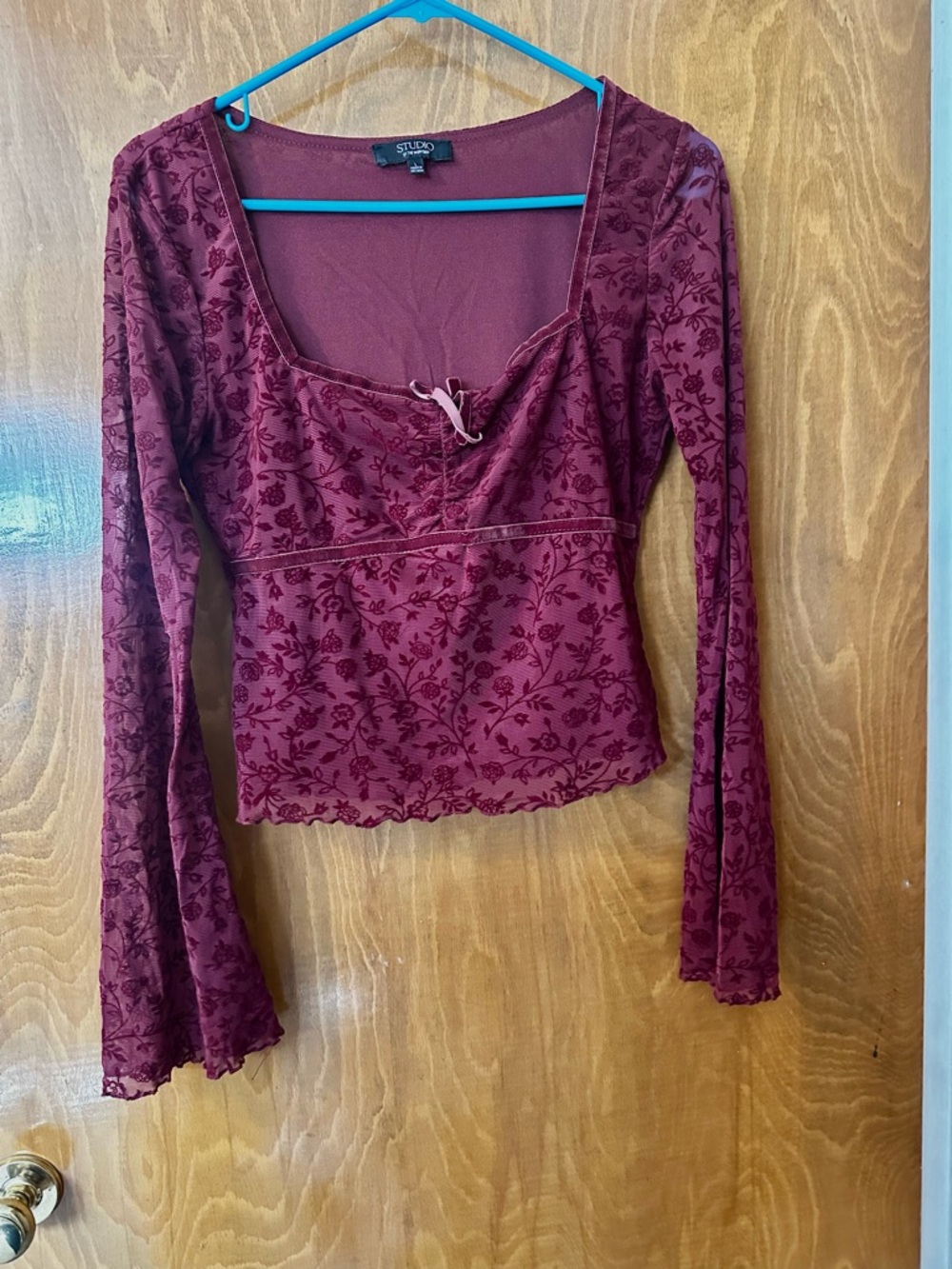 Studio Burgundy Floral Burnout Long-Sleeve Top